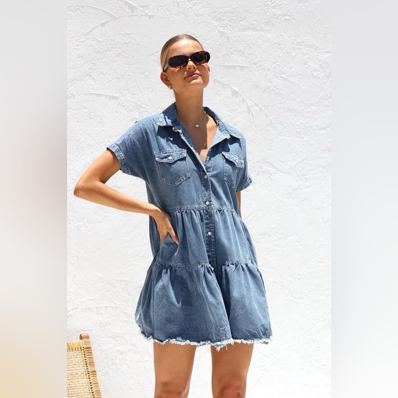 FRAYED HEM COLLARED DENIM MINI DRESS - Picture 6 of 12